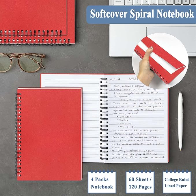 GINMLYDA 4Pack Small Spiral Notebook A5, 8.25x5.5โ 120 Lined Pages Wide Ruled Spiral Journal Bulk Blank Kraft Cover Spiral Bound Notebook & Writing Pads for Home Office Meeting Work Note Taking