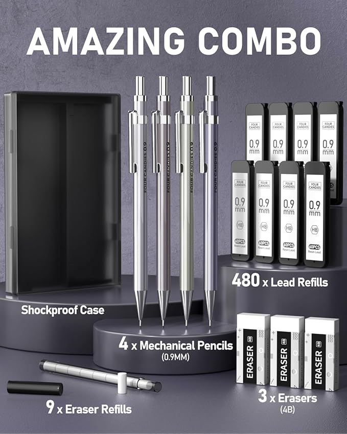 Four Candies 0.9mm Metal Mechanical Pencil Set with Case - 4PCS Fancy Mechanical Pencils, 8 Tubes HB #2 Lead Refills, 3PCS 4B Erasers and 9PCS Eraser Refills, Led Pencils Mechanical for Writing