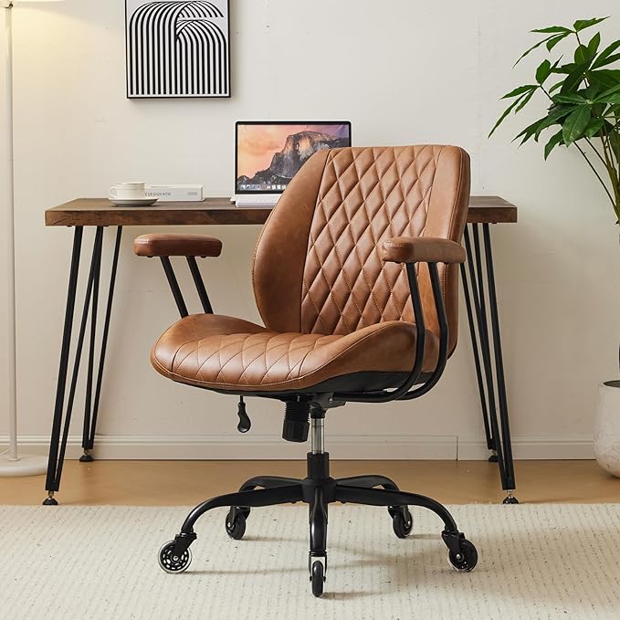 YFO Home Office Desk Chair Office Rubber Casters Ergonomic Computer Chair with Lumbar Support Adjustable Height Rolling Swivel Executive Task Armrests Chair๏ผ Brown Leather