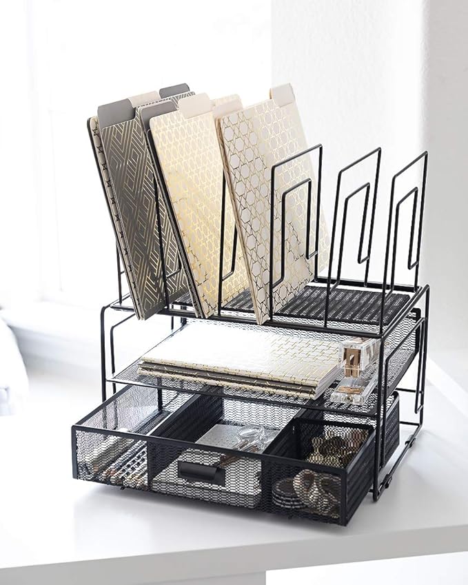 BLU MONACO Black Workspace Desk organizers and Storage and Accessories Desktop Rack with File Organizer, File sorters and Drawer