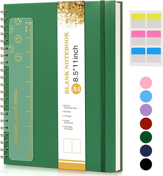 Blank Spiral Notebook Journal 8.5” x 11”, A4 Large Sketch Book for Women Men, 100 GSM Blank Paper Drawing Notebook, Plastic Hardcover Spiral Bound Sketchbook for Sketching Work School Writing, Green