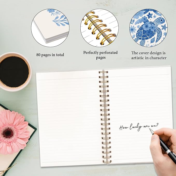 JXREQ Cute Blue Bow Sea Turtle Notebook Floral Journal Notebook for Women Note Taking Office School Supplise, Sea Turtle Gifts Journal for Women Turtles Lovers, Blue Spiral Notebooks 5.5x8.3