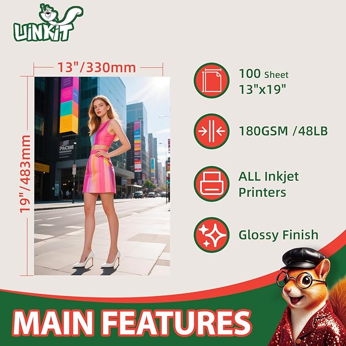 Uinkit Glossy Photo Paper 13x19inches100 Sheets 180Gsm 48lbs Professional Glossy Photographic Paper Compatible with Inkjet Printer Use DYE INK 180GSM