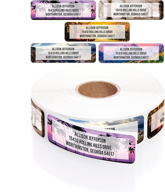 Breathtaking Landscape Rolled Address Labels / 250 Personalized Return Address Labels/Designer Address Stickers in Elegant Plastic Dispenser