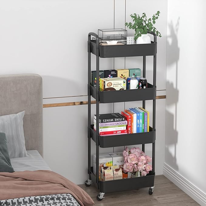 Sywhitta 4-Tier Plastic Rolling Utility Cart with Handle, Multi-Functional Storage Trolley for Office, Living Room, Kitchen, Movable Storage Organizer with Wheels, Black