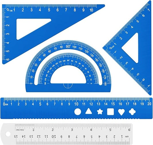 Honagu Triangular Ruler Set, 4+1Pieces Aluminum Alloy Ruler, Metal Drafting Ruler, Geometric Protractor for Students, School Office Supplies (Sky blue, 20cm)