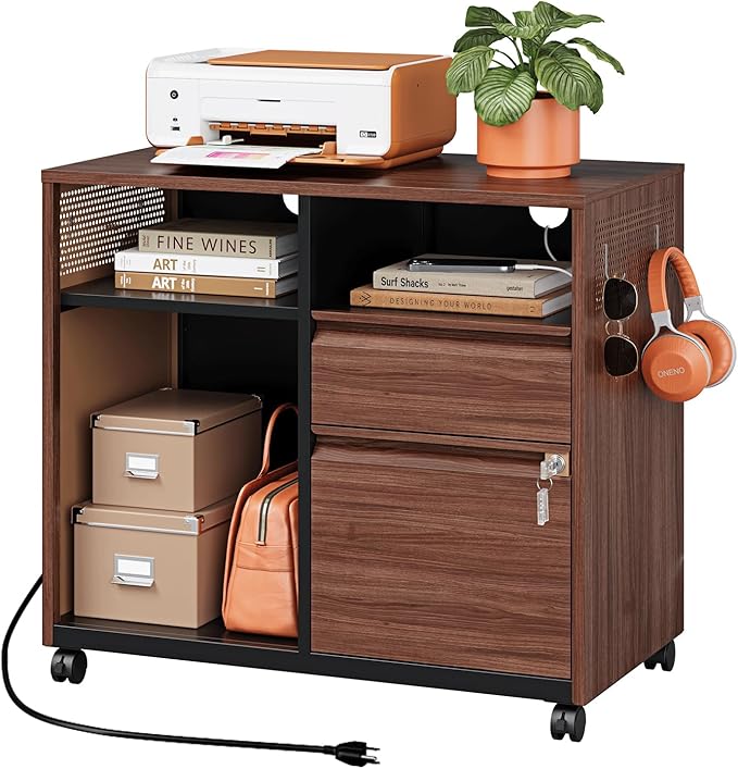 Mobile 2 Drawer File Cabinet,Metal File Cabinet with Lock,Lateral Printer Stand Filling Storage Cabinet for Home Office-A4/F4/Letter(Charging Socket)