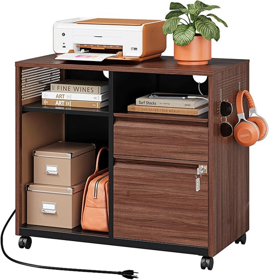 Mobile 2 Drawer File Cabinet,Metal File Cabinet with Lock,Lateral Printer Stand Filling Storage Cabinet for Home Office-A4/F4/Letter(Charging Socket)