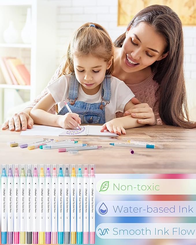 Ohuhu Dual Tip Dot Markers: 15 Colors Dot Marker Pens (Fine & Dot) for Kids Adults Water-Based Ink Metallic & Regular Colors Dot Pens for Journaling Scrapbooking DIY Highlighting Drawing Markers