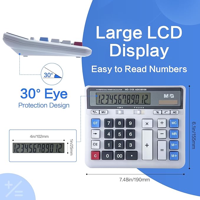 M&G Desktop Calculator 12 Digits Extra Large LCD Display, Dual Solar Power and Battery, Mechanical Calculator with Big Buttons, Battery Include, Basic Financial Calculator for Office Home School