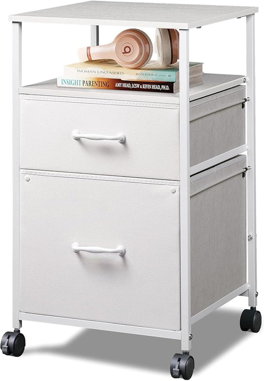 DEVAISE 2 Drawer Fabric Vertical Filing Cabinet, Rolling Printer Stand, White