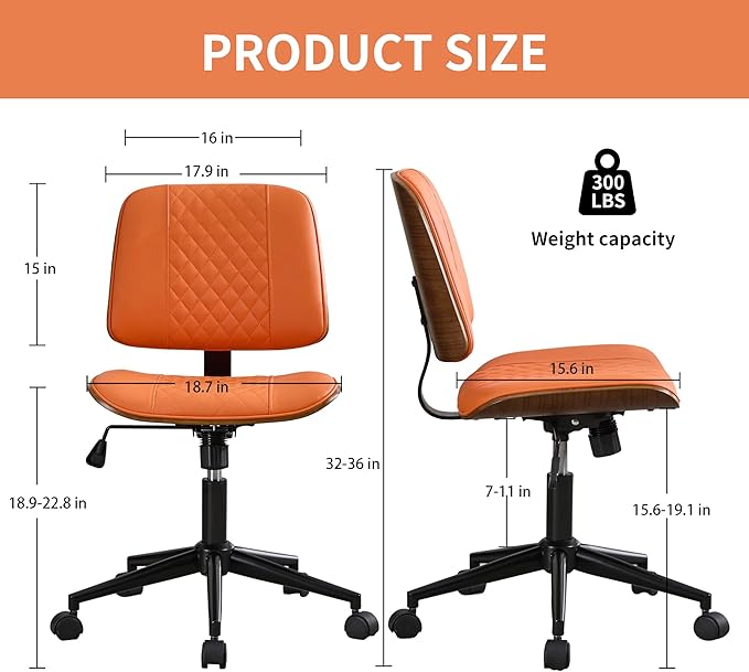 Armless Orange Home Office Chair – Mid-Back PU Leather, Adjustable Height Desk Chair with Swivel Wheels, Walnut Frame for Small Space Study or Bedroom