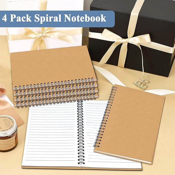 GINMLYDA 4Pack Small Spiral Notebook A5, 8.25x5.5โ 120 Lined Pages Wide Ruled Spiral Journal Bulk Blank Kraft Cover Spiral Bound Notebook & Writing Pads for Home Office Meeting Work Note Taking
