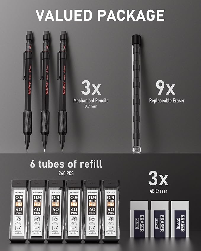 Nicpro 0.9 Metal Mechanical Pencil Set with Case, 3PCS Hevey Duty MP2000 Lead Pencil With 6 Tube HB Lead Refills 0.9mm, Erasers, Weatherproof Barrel for Outdoor Writing Drafting Drawing Sketching