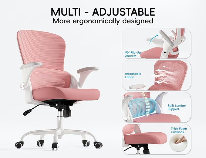 TRALT Office Chair - Ergonomic Office Chair with Back Support, Home Office Desk Chairs, Comfy Desk Chair, Computer Chair, 330lbs Wide Seat Big and Tall Office Chairs for Students (Pink)