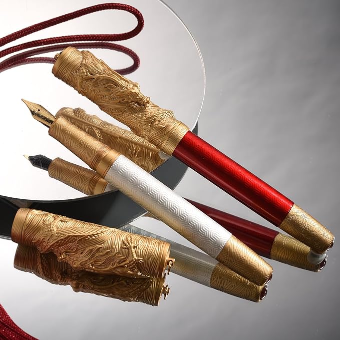 Hongdian A24 Fountain Pen Fine Nib, Bright Red & Golden Dragon Stereoscopic Carving Cap Design