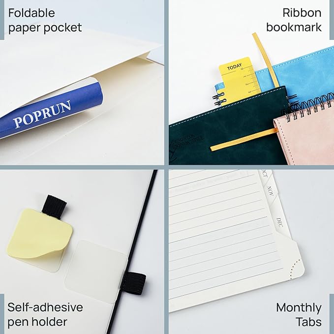 POPRUN Weekly Planner 2026 (Medium 6.5" x 8.5") Calendar 12 Months Notebook with Horizontal Layout, Leather Soft Cover, Monthly Tabs, Inner Pocket, 100GSM Thick Paper, Pen Holder - Royal Blue