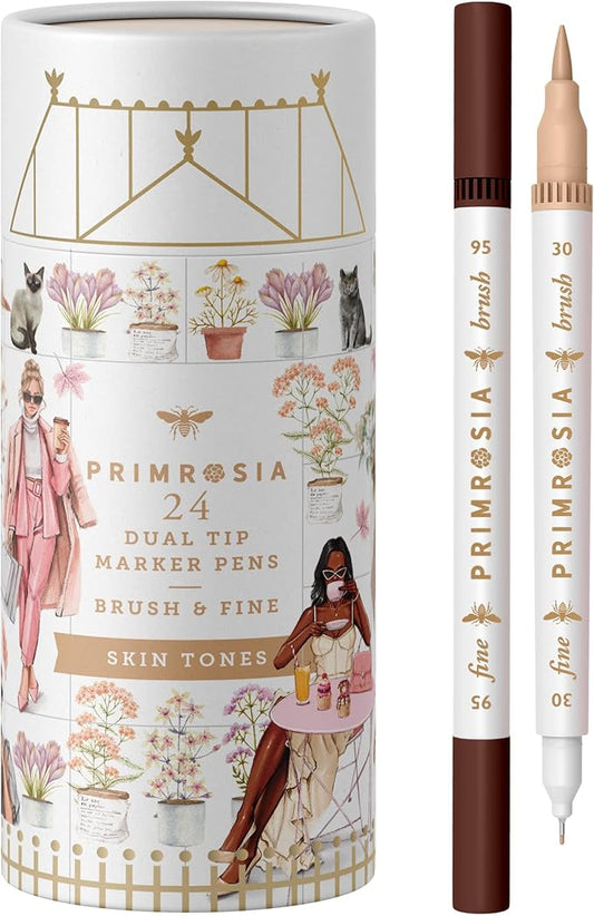 Primrosia 24 Skin Tones Dual Tip Marker Pens, Hair and Portrait Watercolor Sketch Set β Fine and Brush Ends, Art Supplies for Coloring, Sketching and Drawing