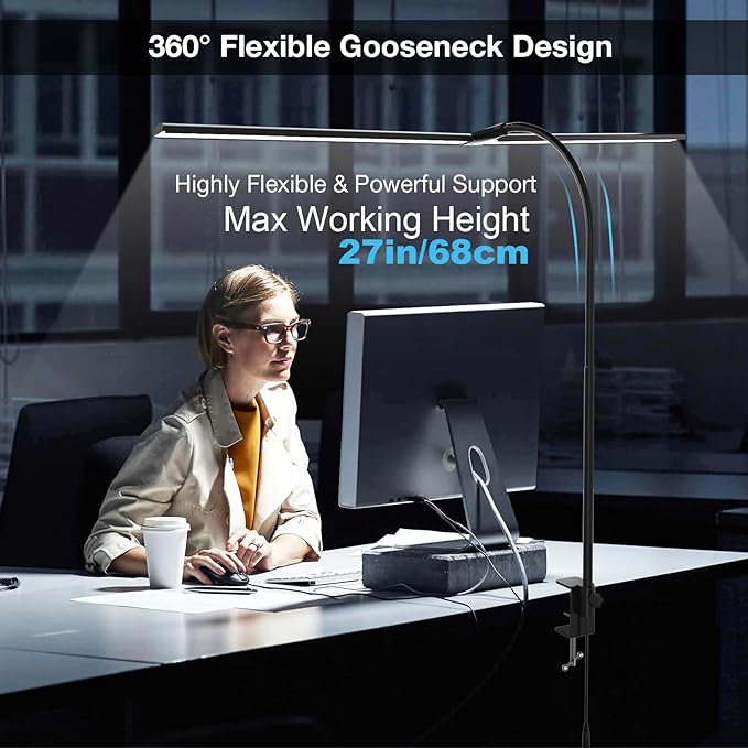 Desk Lamp for Office Home, 31.5" Desktop Lighting Bar with Gooseneck, Clip on Desk Light with Clamp, Bright Dimmable Table Lamp for Study, Work, Computer, Monitor, Reading