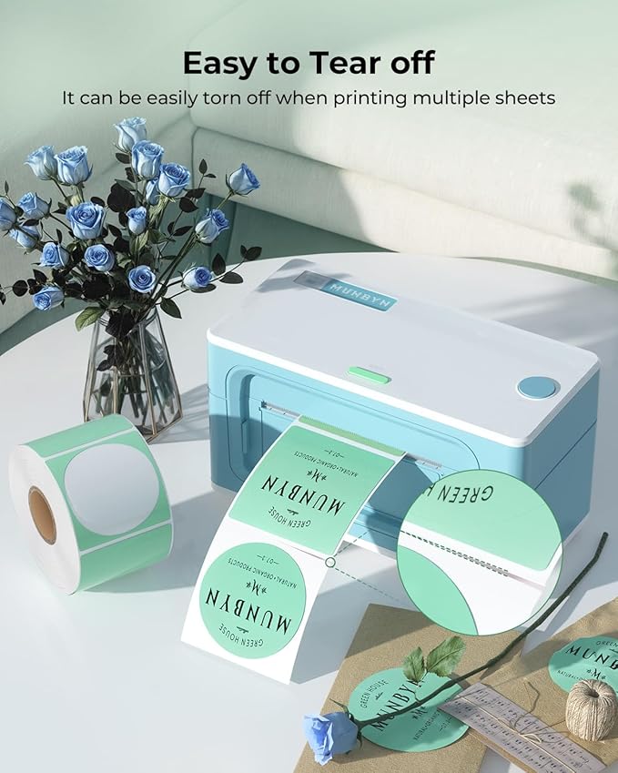 MUNBYN 2 Inch Green Circle Thermal Sticker Labels, Self-Adhesive Round Direct Thermal Labels for Logo Design, QR Code, Inventory, 750 Sheets/1 Roll