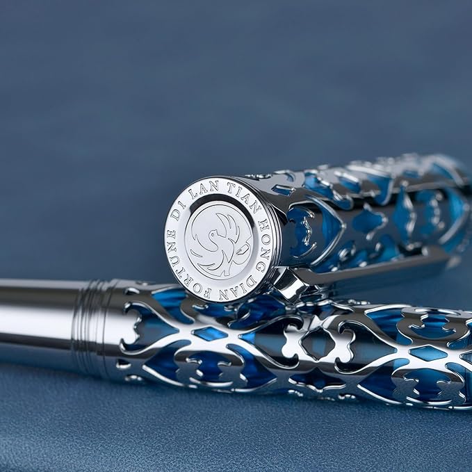 Hongdian D1 Piston Fountain Pen Extra Fine Soft Nib, Silver Blue Hollow Skeleton & Resin Pen with Metal Case Set