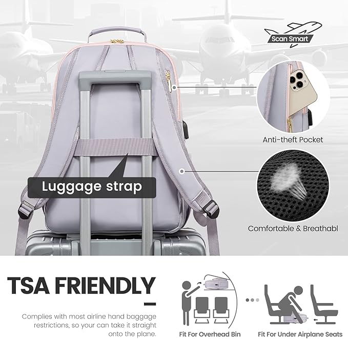 LOVEVOOK Laptop Backpack for Women 18.4 inch,Cute Womens Travel Backpack Purse,Professional Laptop Computer Bag,Waterproof Work Business College Teacher Bags Carry on Backpack with USB Port,Grey Pink