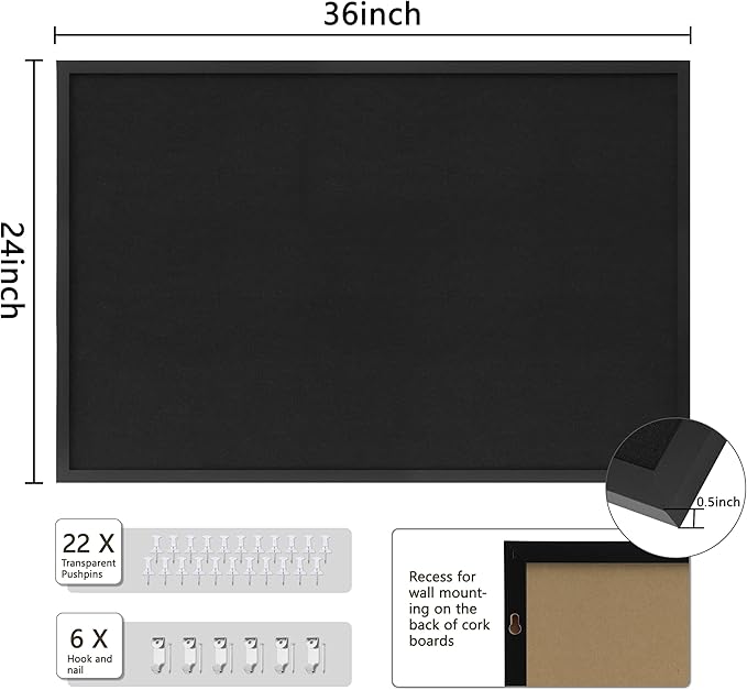 Cork Board with Linen Black,Bulletin Board 36"x24",Corkboards for Office Home School Message Board or Vision Board Decoration.