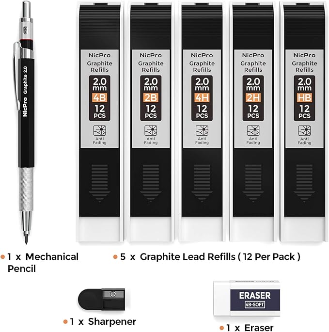 Nicpro 2.0 mm Mechanical Pencil Set, Artist Metal Lead Holder Metal Marker Carpenter pencils with 60 Graphite Lead Refill HB, 2H, 4H, 2B, 4B, Eraser, Sharpener for Draft Drawing, Writing Art Sketching