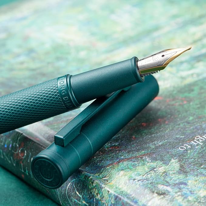 Hongdian Green Forest Fountain Pen Blade Nib Classic Design Calligraphy Pen with Converter and Metal Pen Case Set