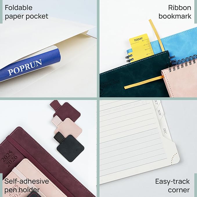 POPRUN Planner 2025-2026 Weekly Notebook for Purse(Pocket Size 4''x 6.25'') Small Academic Calendar (JUL.25 - JUN.26) with Monthly Tabs, Leather Soft Cover, Inner Pocket, 100 GSM - Brown