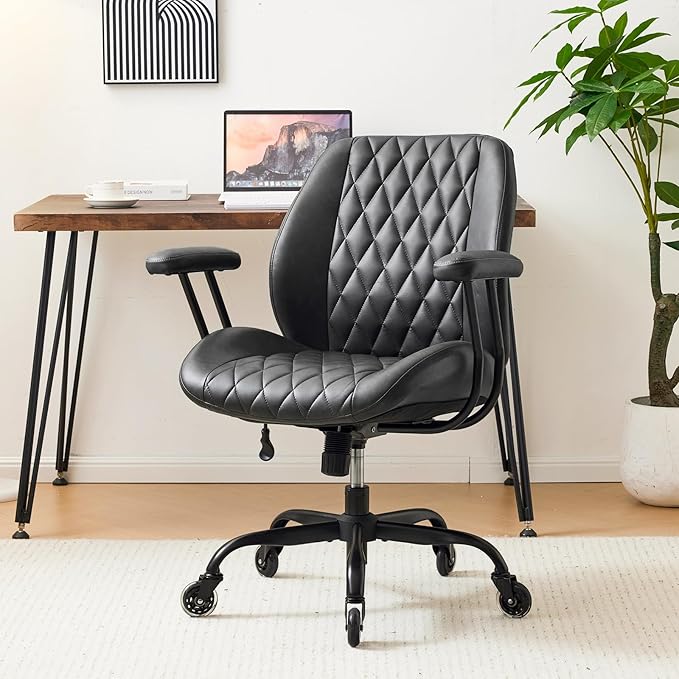 YFO Home Office Desk Chair Office Rubber Casters Ergonomic Computer Chair with Lumbar Support Adjustable Height Rolling Swivel Executive Task Armrests Chair๏ผ Black PU