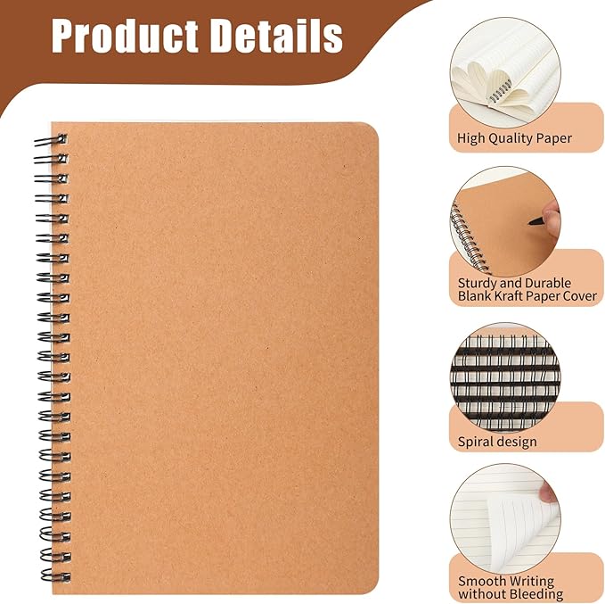 miikoul 100 Packs A5 Spiral Lined Notebooks, Kraft Paper Cover, 8.3"×5.5", 60 Sheets/120 Pages, Ruled Notebooks Bulk, Hardcover Journal Notepad Travel Notebooks for Office and Back to School Supplies