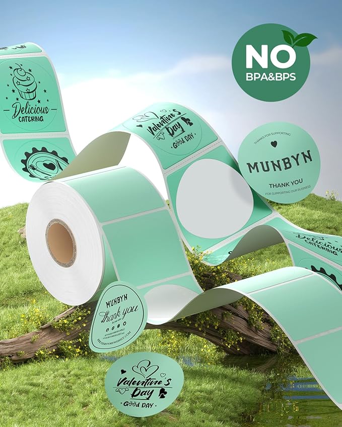 MUNBYN 2 Inch Green Circle Thermal Sticker Labels, Self-Adhesive Round Direct Thermal Labels for Logo Design, QR Code, Inventory, 750 Sheets/1 Roll