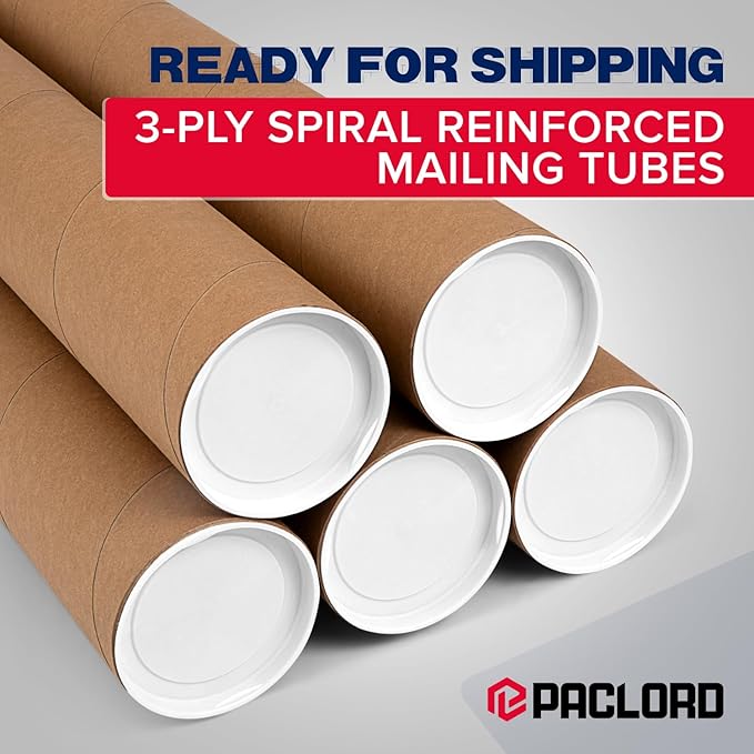 4" x 36" Reinforced Kraft Paper Mailing Tubes, Pack of 6 Tubes with 2 Caps Each – USPS Approved Poster Tube – Made in USA Cardboard Tube for Shipping and Storing Posters, Prints, Artwork, or Documents
