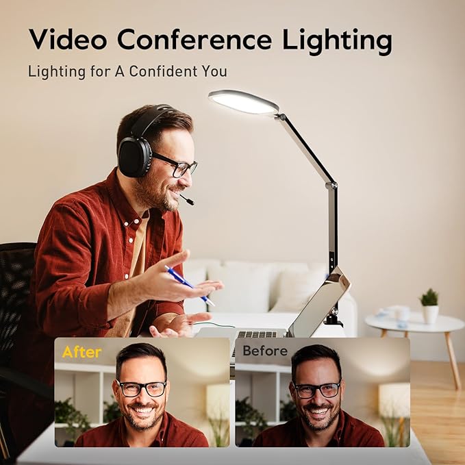 Desk Lights for Home Office, 1200 Lumen LED Desk Lamps with Clamp, Highly Eye-Caring Video Conference Light for Computer, 3 Color 10 Brightness Levels for Ideal Lighting, Remote, Memory & Timer