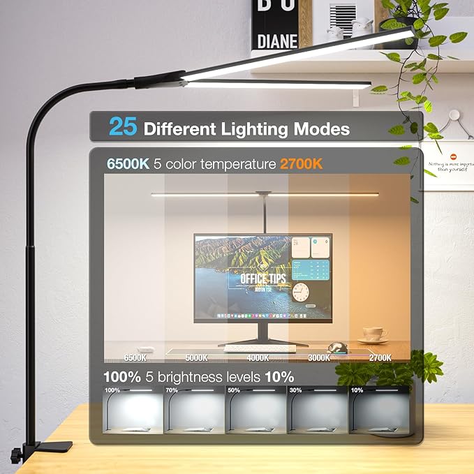 Desk Lamp for Office Home, 31.5" Desktop Lighting Bar with Gooseneck, Clip on Desk Light with Clamp, Bright Dimmable Table Lamp for Study, Work, Computer, Monitor, Reading