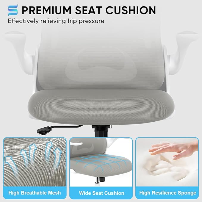Sytas Ergonomic Desk Chair with Padded Flip up Arms and Supportive Lumbar Support, Breathable Mesh Home Office Chair with Comfortable Cushion for Home or Office(Gray)