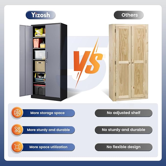 Yizosh Metal Storage Cabinet with Locking Doors and 5 Adjustable Shelves, 72" Garage Storage Cabinet Steel Lockable for Office,Home,Garage