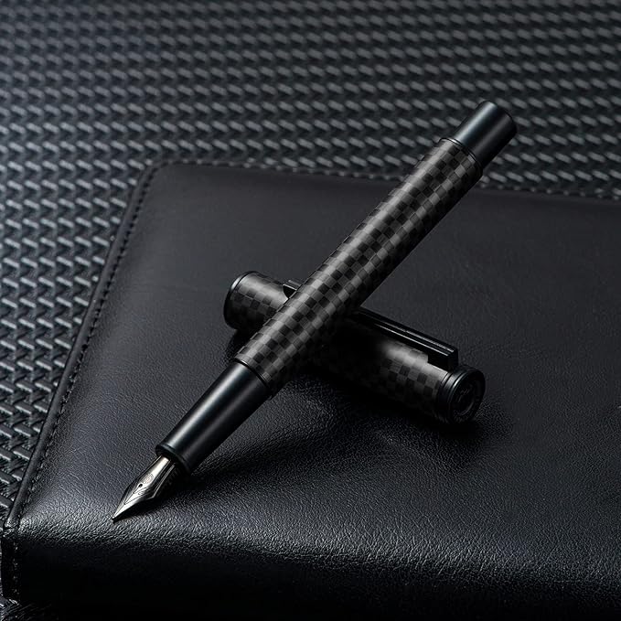 Hongdian Black Carbon Fiber Fountain Pen, Bent Nib Fude Pen for Calligraphy Writing (Fine to Broad) with Converter and Metal Pen Box Set