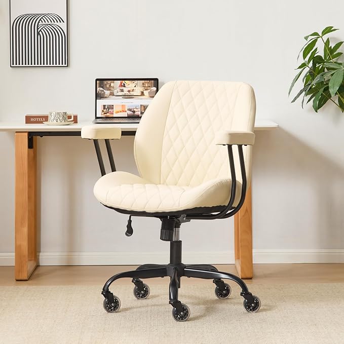 YFO Home Office Desk Chair Office Rubber Casters Ergonomic Computer Chair with Lumbar Support Adjustable Height Rolling Swivel Executive Task Armrests Chair๏ผ White Leather