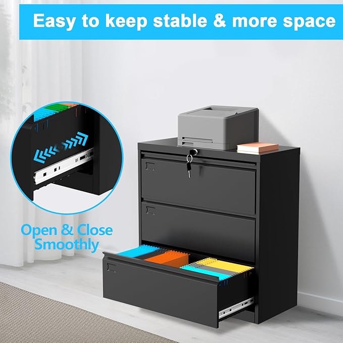 40inch Steel 3 Drawer Lateral Filing Cabinet - Lockable Metal Filing Storage, Home Office Organization, Fits Hanging Letter/Legal/F4/A4, Durable 0.6MM Coated Steel (Black)