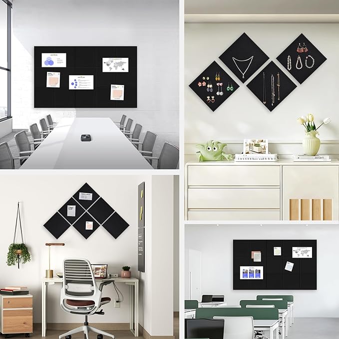 Large Cork Board for Office Wall Decor,36"x24"-6 Pack Cork Board Tiles with Safe Removable Adhesive Tabs, 1/2" Thick, Felt Bulletin Board Pin Board Cork Boards for Walls - Black