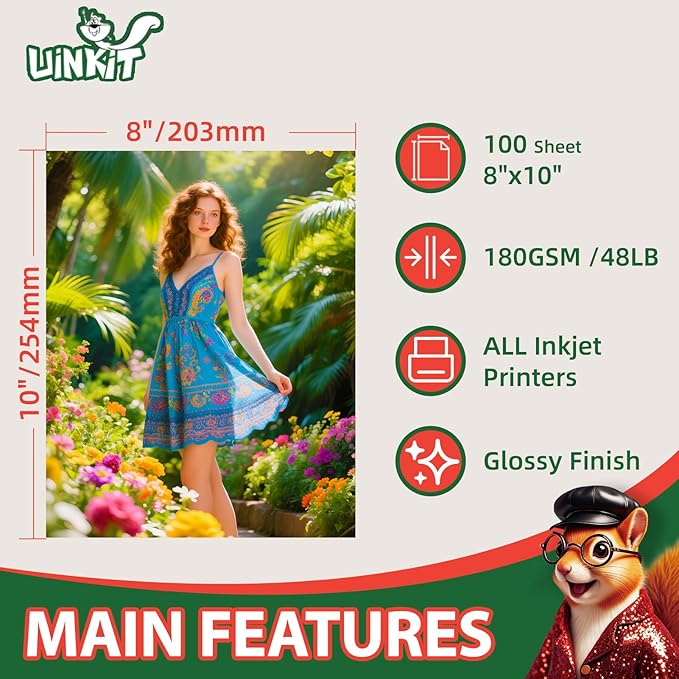 Uinkit Premium Glossy Inkjet Photo Paper - 8x10 Inch, 48lb 180gsm, 100 Sheets - Professional Photographic Quality, Dye Ink Compatible, High-Gloss Finish for Vivid Photos & Sharp Details