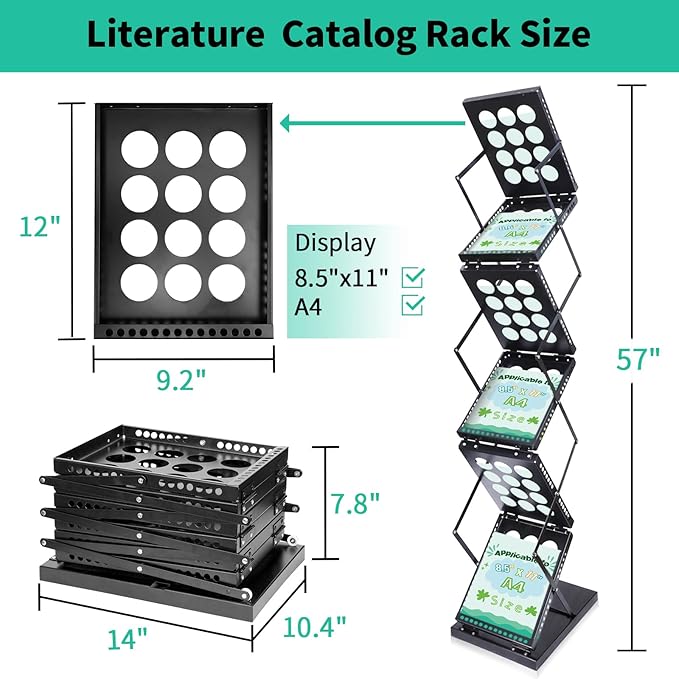 Folding Literature Rack, 6 Pockets Metal Brochure Holder Stand Floor Standing Magazine Rack,Double-sided Display Flyer Holder Stand Literature Stand for Trade Show Office Store Home