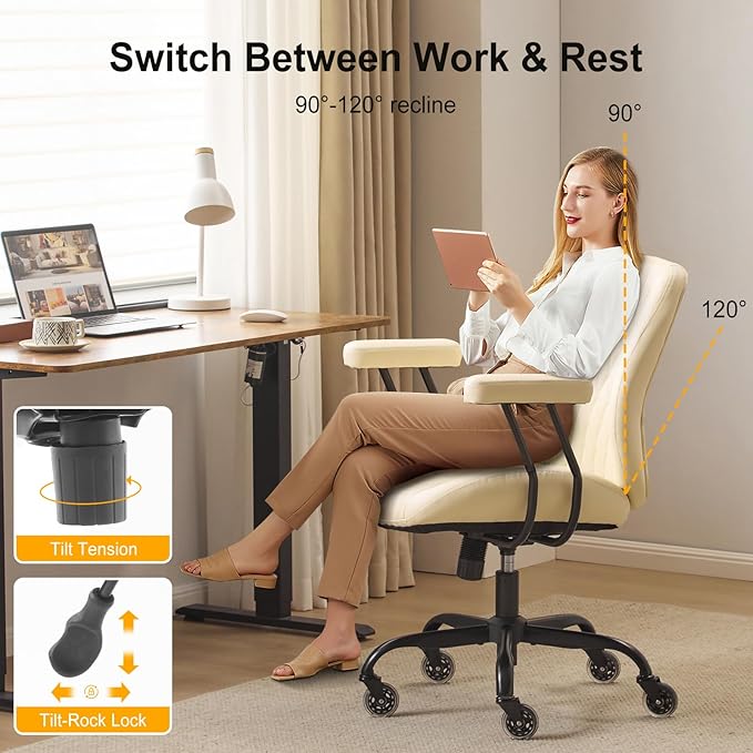 YFO Home Office Desk Chair Office Rubber Casters Ergonomic Computer Chair with Lumbar Support Adjustable Height Rolling Swivel Executive Task Armrests Chair๏ผ White Leather