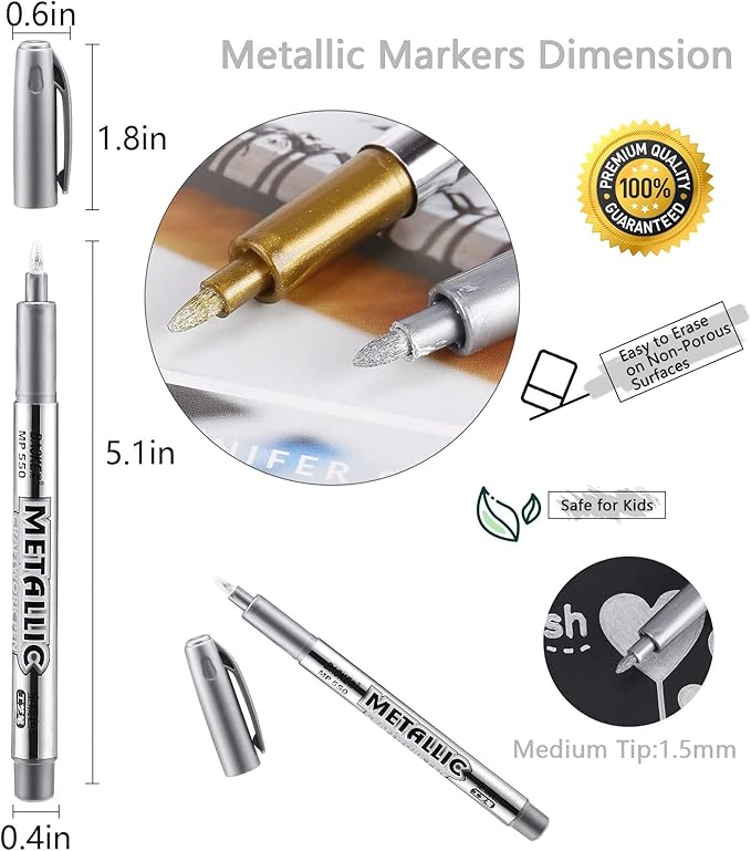 LOONENG Silver Permanent Marker, Fine Point, Acid Free, Non-Toxic Ink, Quick Drying, Ideal for Adult Coloring, Crafts, Gift Cards, Fabric, Photo Albums, 8 Count