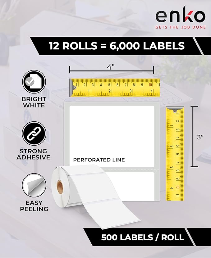 enKo 4" x 3" Labels for Zebra Desktop Printers (12 Rolls, 6000 Labels) - Blank White Direct Thermal Address Mailing Shipping Barcode FBA Stickers FNSKU Label for Zebra and Eltron (Perforated)