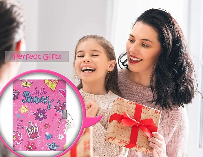 Girls Diary with Lock for Kids, 7x5.25 Inches 160 Lined Pages Secret Pink Princess Notebook for Girls Journal with Lock for Kids Pre School Writing Drawing Cute Girls Gifts for Birthday