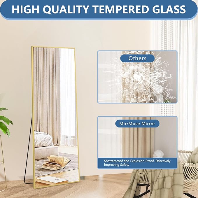 Full Length Mirror, 56"x18" Gold Floor Mirror with Stand, Rectangle Standing Mirror for Living Room Bedroom Cloakroom Gym, Thin Aluminum Frame, Tempered Glass