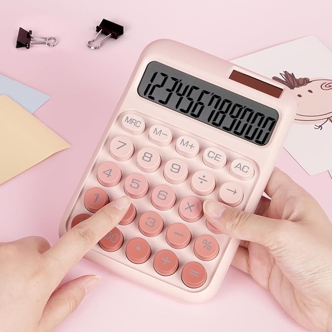 Mechanical Switch Calculator with Big Buttons, Calculators Desktop, 12 Digits, Solar Battery Power, Desk Calculator, Large LCD Display, Cute Pink Calculator for Teachers Students Basic Office